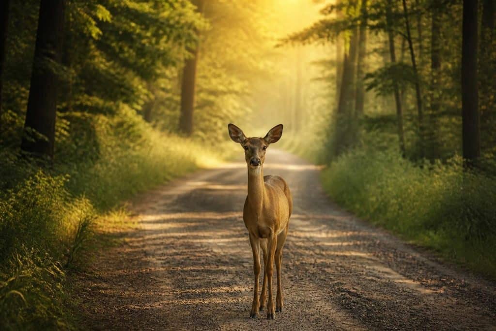 découvrez la signification et le message spirituel de voir une biche sur la route, un symbole de douceur, d'intuition et de protection dans votre vie.